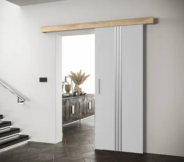 Posuvné dveře Salwador V Dveře: Bíle mat, Pásky / úchyty: Stříbrné, Horní pojezdová lišta: Dub Sonoma