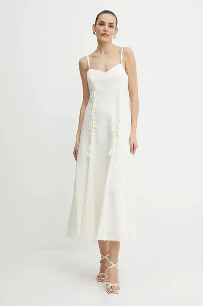 Šaty s příměsí lnu Twinset béžová barva, maxi, 251TT2070