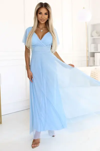 562-5 NASTIA Long dress with a neckline and short sleeves - light blue