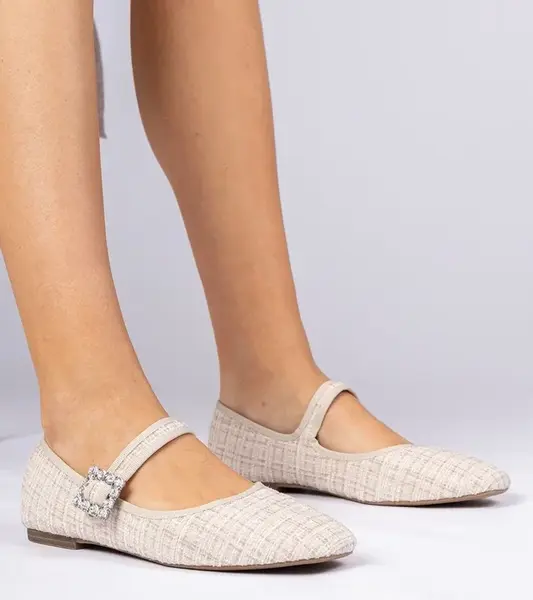Gemre Beige Women's Ballet Flats with Buckle and Crystals Piona