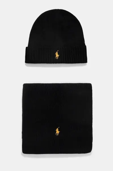 Vlněná čepice a šála Polo Ralph Lauren černá barva, 710951146