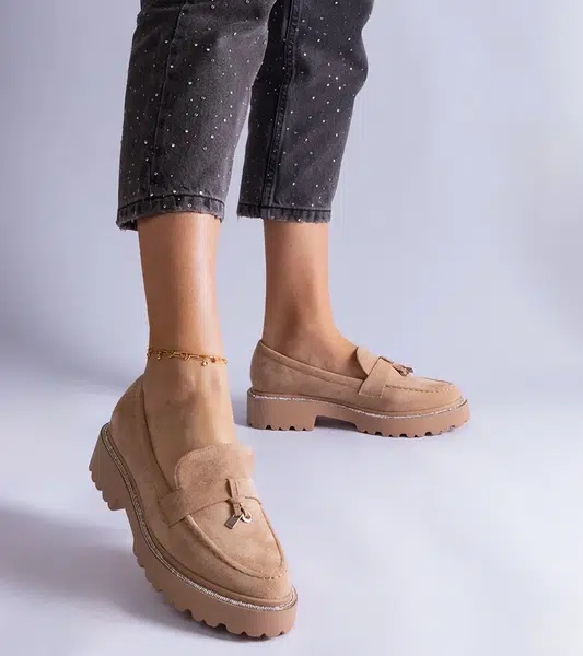 Gemre Beige eco-suede loafers decorated with rhinestones Henley