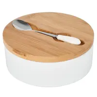 Keramická cukřenkas s dřevěným víčkem a lžička bílá