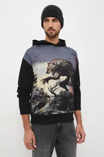 Bavlněná mikina Medicine pánská, černá barva, s kapucí, vzorovaná