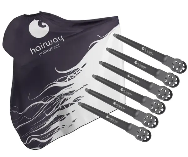 Kadeřnická pláštěnka na stříhání Hairway - černo-bílá + karbonové klipsy do vlasů Hairway - 10 cm, černé - 6 ks zdarma + dárek zdarma