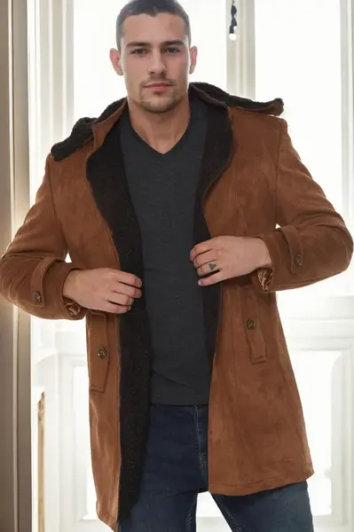 PLT9399 DEWBERRY SUEDE MEN'S COAT-OPEN CAMEL