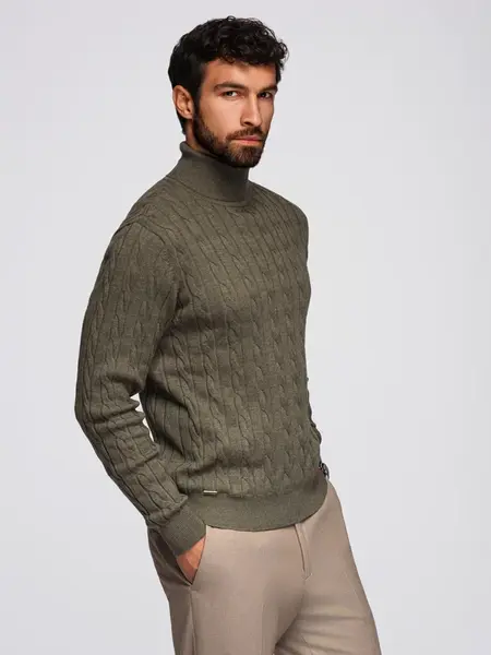 Ombre Men's turtleneck sweater with checkered weave - olive