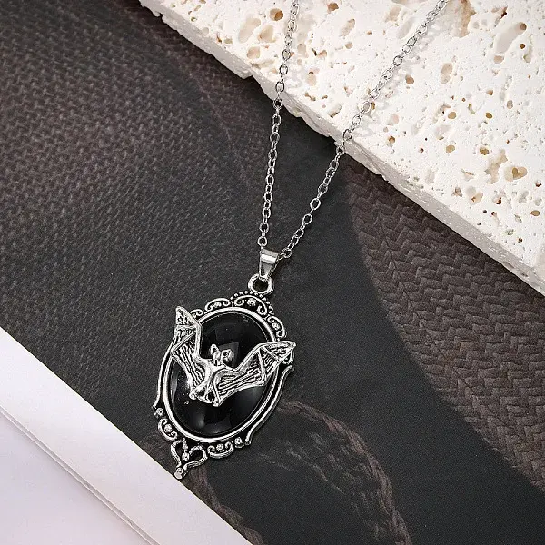 Halloween Alloy Glass Gothic Oval with Bat Pendant Necklaces