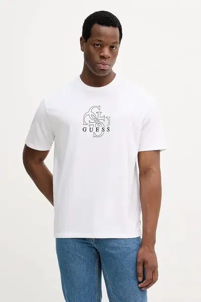 Bavlněné tričko Guess pánské, bílá barva, s potiskem, M5BI76 I3Z14