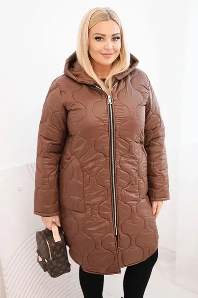 Kesi Włoski Dámská zimní prošívaná bunda Plus Size s kapucí čokoládová