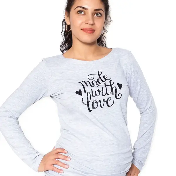 bemaamaa Těhotenské triko dlouhý rukáv Made with Love - šedé, vel. XS
