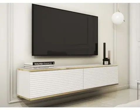 Závěsná TV skříňka Orfeo, 135 cm, bílá struktura/zlatá