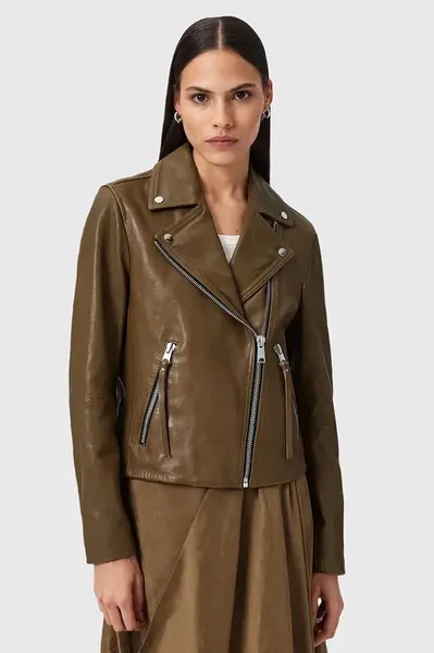 Kožená bunda AllSaints DALBY BIKER dámská, vínová barva, W099LB