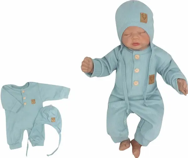 2-dielna súpravička rebrovaný overálok s gombíkmi a čiapočkou, morská modrá, 50