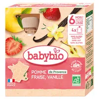 BABYBIO Jablko s jahodou a vanilkou 6m+ 4 x 90 g