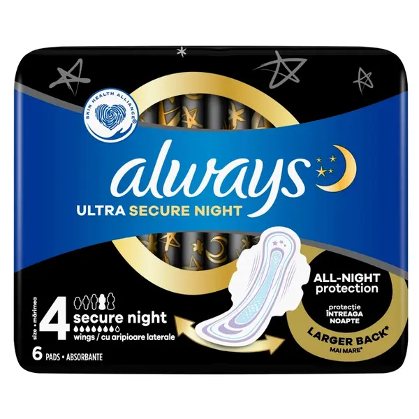 ALWAYS Ultra Hygienické Vložky Secure Night s křidélky velikost 4 - 6 kusů