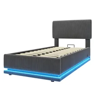 STILVORA ČALOUNĚNÁ POSTEL 90 × 200 cm, tmavě šedá, manšestrová, úložný prostor, LED a USB-C