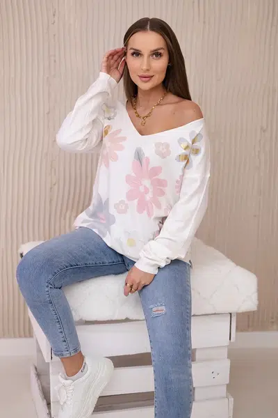 Sweater blouse with colorful flowers pink+gray
