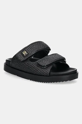 Pantofle Tommy Hilfiger TH DOUBLE STRAP RAFFIA SANDAL dámské, černá barva, FW0FW08940