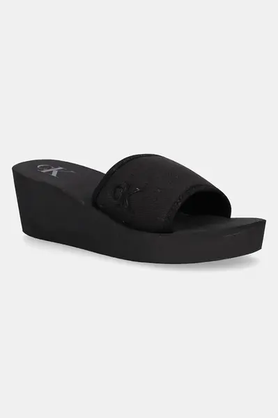 Pantofle Calvin Klein Jeans BEACH WEDGE SLIDE CANVAS dámské, černá barva, na klínku, YW0YW01725