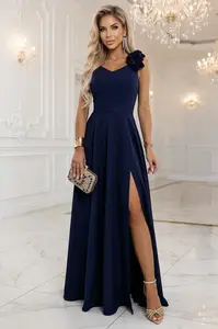 Elegantní maxi šaty s rozparkem a růžemi - tmavě modré