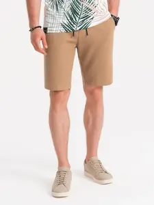 Ombre Men's knitted shorts with decorative elastic waistband - light brown
