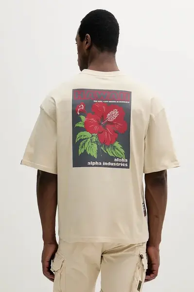 Bavlněné tričko Alpha Industries Aloha Flower T BP pánské, béžová barva, s potiskem, 156523