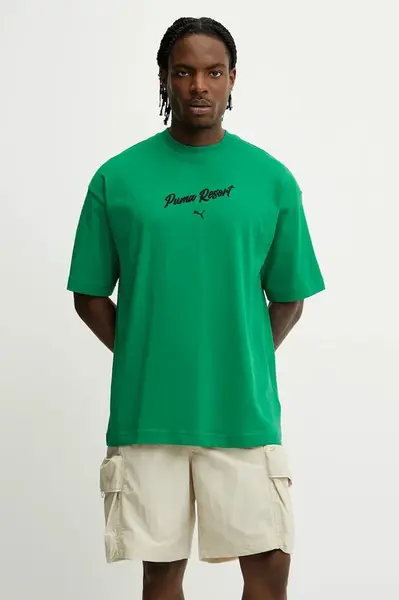 Bavlněné tričko Puma pánské, zelená barva, s aplikací, 629666