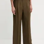 Kalhoty s příměsí lnu Pinko dámské, hnědá barva, široké, high waist, 104869 A2HA