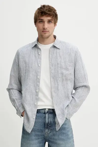 Lněná košile Marc O'Polo pánská, tmavomodrá barva, regular, s klasickým límcem, M24737242090