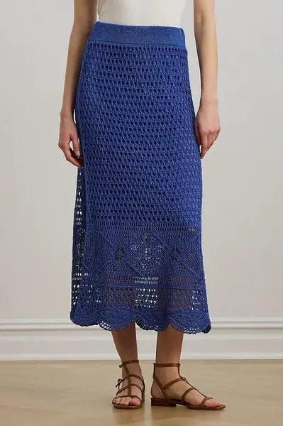 Lněná sukně Lauren Ralph Lauren modrá barva, midi, 200971148