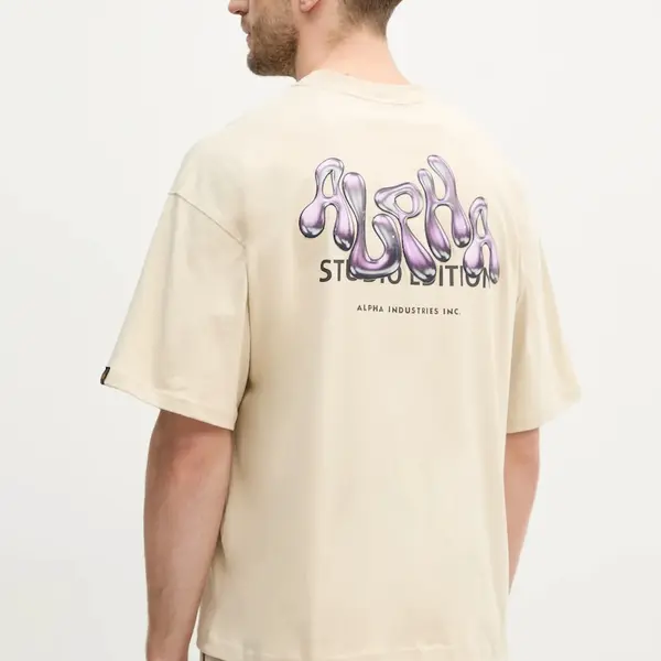 Bavlněné tričko Alpha Industries Studio Edition BP T béžová barva, s aplikací, 156553