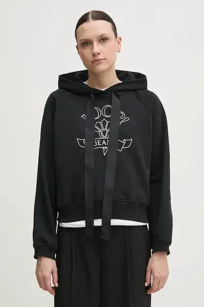 Bavlněná mikina Joop! dámská, černá barva, s kapucí, s aplikací, 30046176