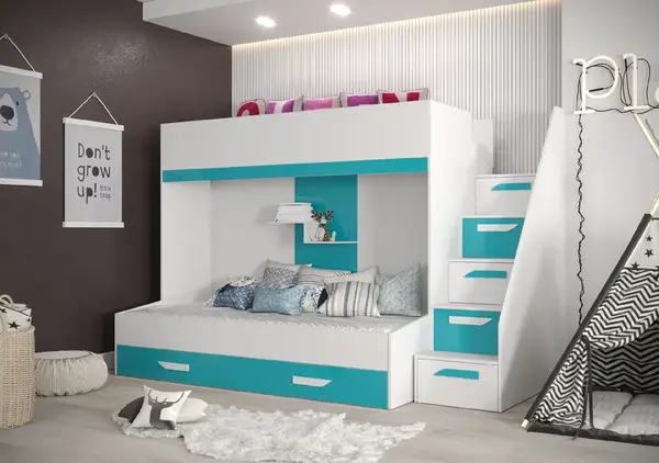 Dětský pokoj Party 16a s volbou barvy dvířek, 2 postele, pozvolné schody Barva korpusu: Bílá, Dveře: Tyrkysová