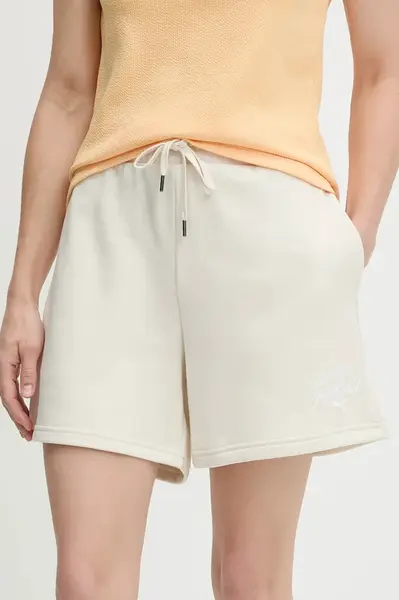 Kraťasy Puma dámské, béžová barva, s potiskem, high waist, 685038