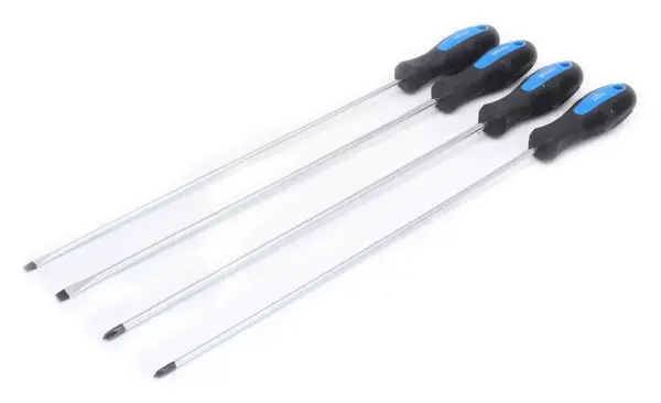 Šroubováky extra dlouhé 450 mm, ploché 5 a 6 mm, křížové PH1 a PH2, sada 4 ks - SATRA