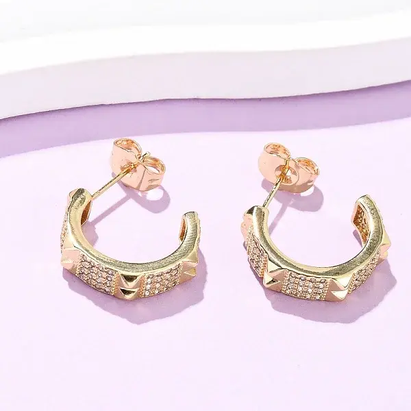 Brass Micro Pave Cubic Zirconia C-Shaped Stud Earrings