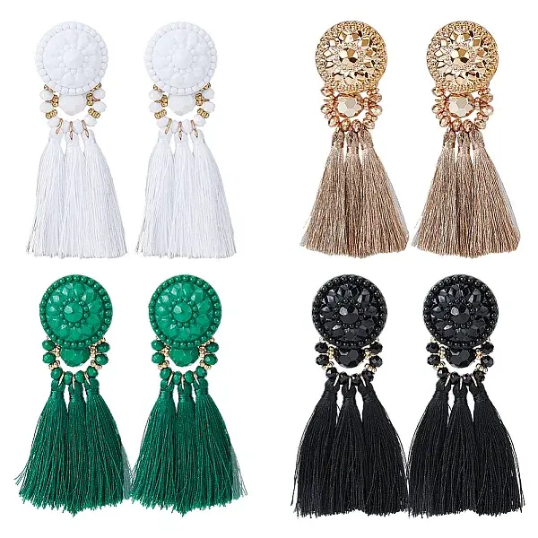 4 Pairs 4 Colors Polyester Tassel Dangle Stud Earrings