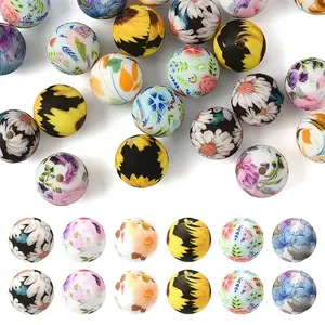 24Pcs 6 Styles Printed Round Silicone Focal Beads
