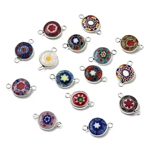 Handmade Millefiori Lampwork Flat Round Connector Charms