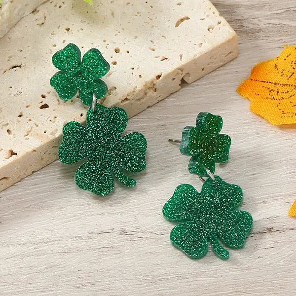 Shiny Acrylic Clover Dangle Stud Earrings