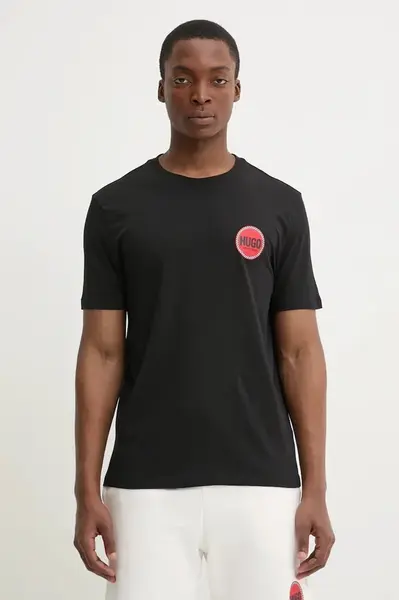 Bavlněné tričko HUGO černá barva, s potiskem, 50530641