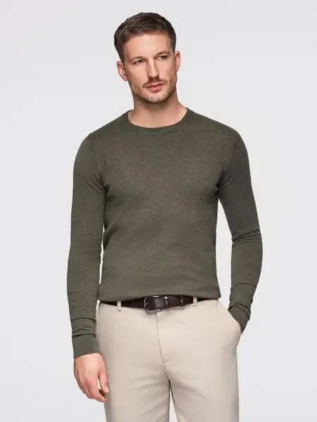 Ombre Men's BASIC viscose classic sweater with round neckline - olive melange