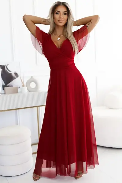 562-2 NASTIA Long dress with neckline and short sleeves - BORDO