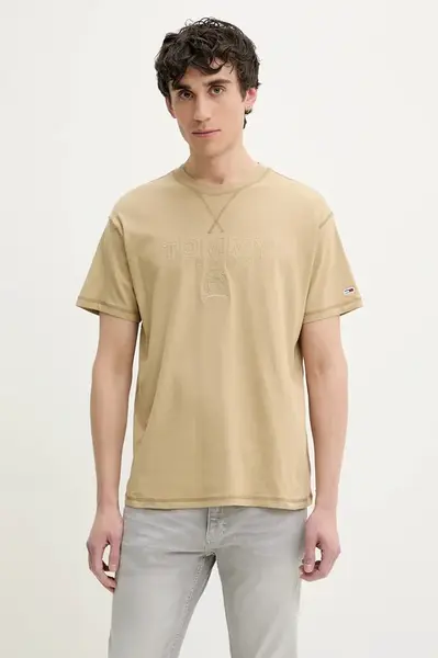 Bavlněné tričko Tommy Jeans béžová barva, s aplikací, DM0DM20805