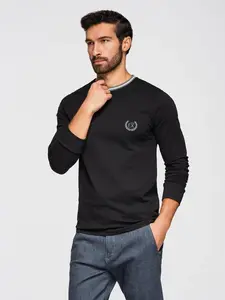 Ombre Men's cotton longsleeve with striped U neckline and embroidery - black