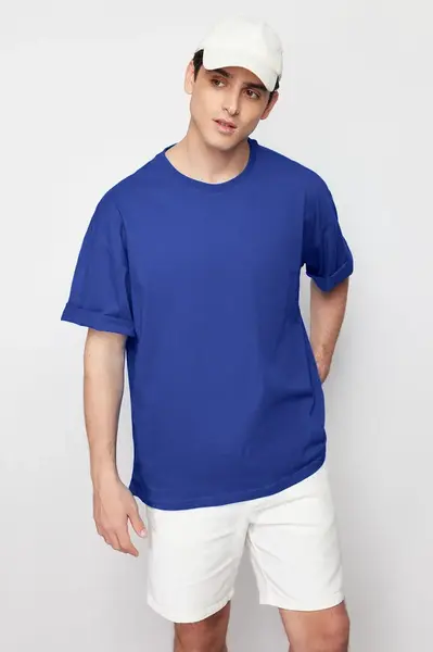 Trendyol Blue Oversize/Wide Basic Cut 100% Cotton T-Shirt