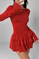 Dewberry Ruffled Layered Mini Šaty - Červené