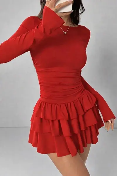 Dewberry Ruffled Layered Mini Šaty - Červené