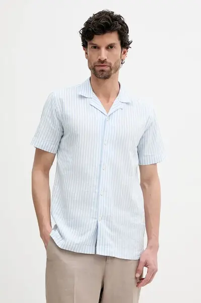 Lněná košile Lindbergh pánská, modrá barva, relaxed, 30-203763